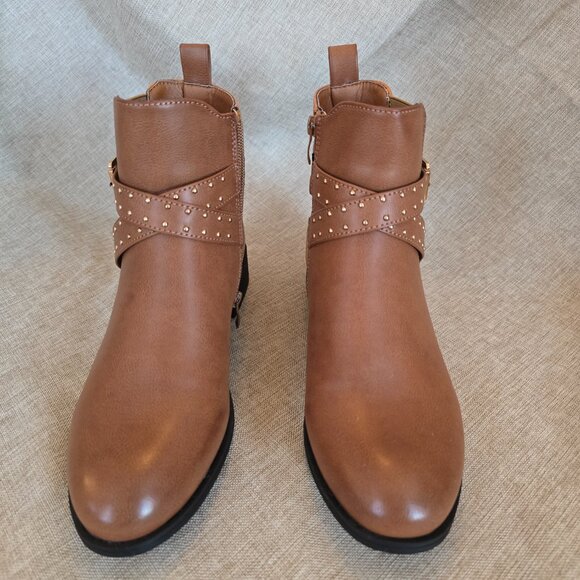 Women's Brown Vegan Leather Boots with Straps & Buckle, Size 8 - Picture 3 of 6